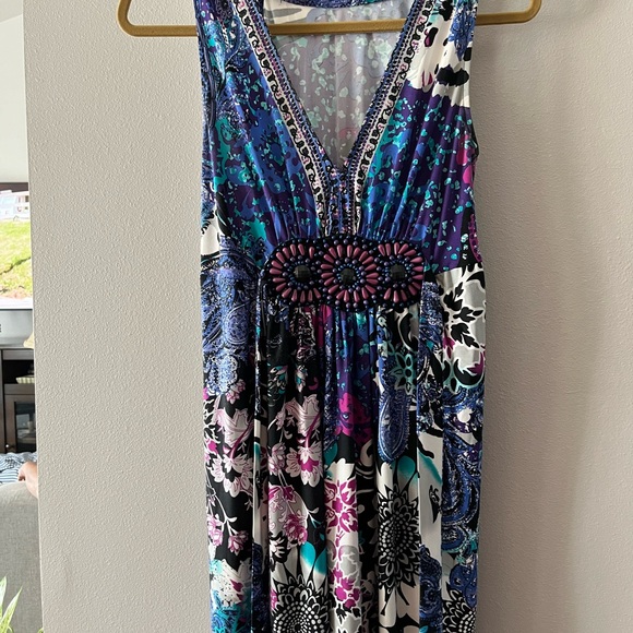 Beautiful Blue-Multi-Colored Shin-Length Midi Dress w/ Beads - Picture 2 of 7